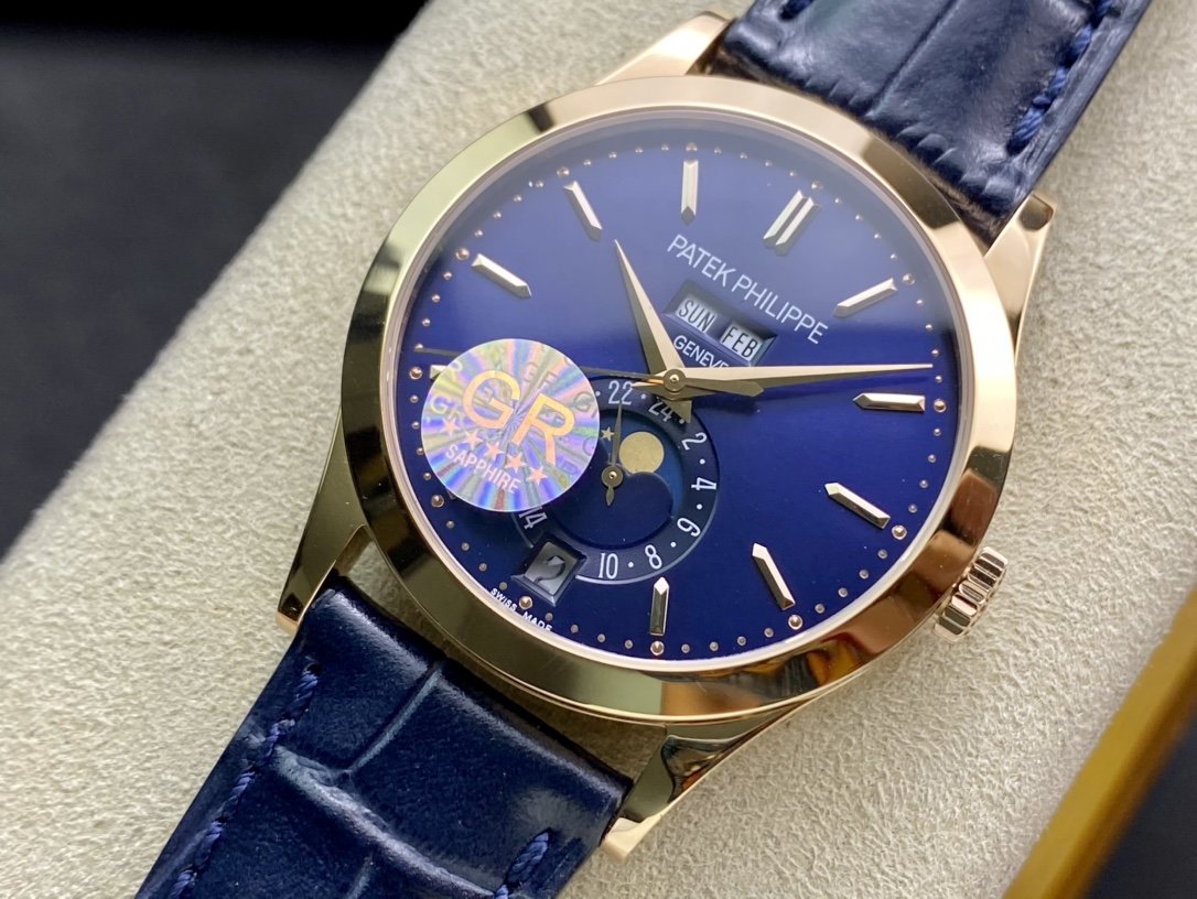 PATEK CALATRAVA MOONPHASE ANNUAL CALENDAR GOLD CASE BLUE DIAL