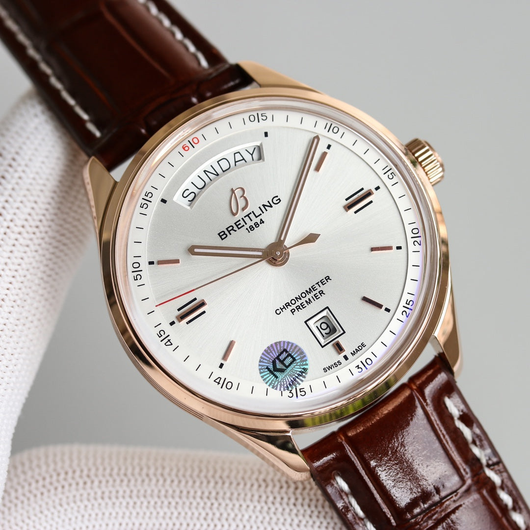 PREMIER DAY DATE 40 STAINLESS STEEL LEATHER STRAP
