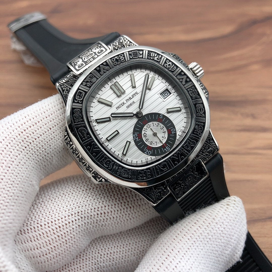 PATEK NAUTILUS SECONDTIME WHITE GOLD HAND ENGRAVED