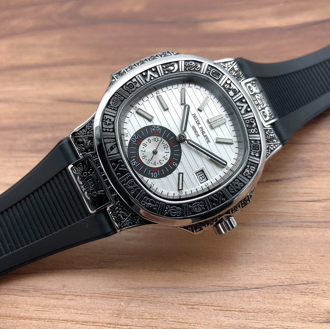 PATEK NAUTILUS SECONDTIME WHITE GOLD HAND ENGRAVED