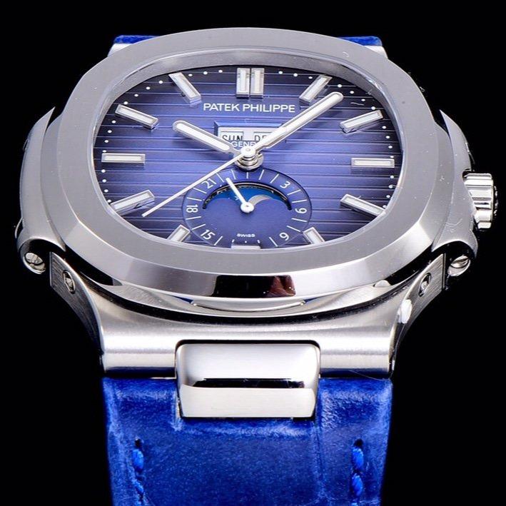 PATEK NAUTILUS MOONPHASE ANNUAL CALENDAR BLUE DIAL LEATHER