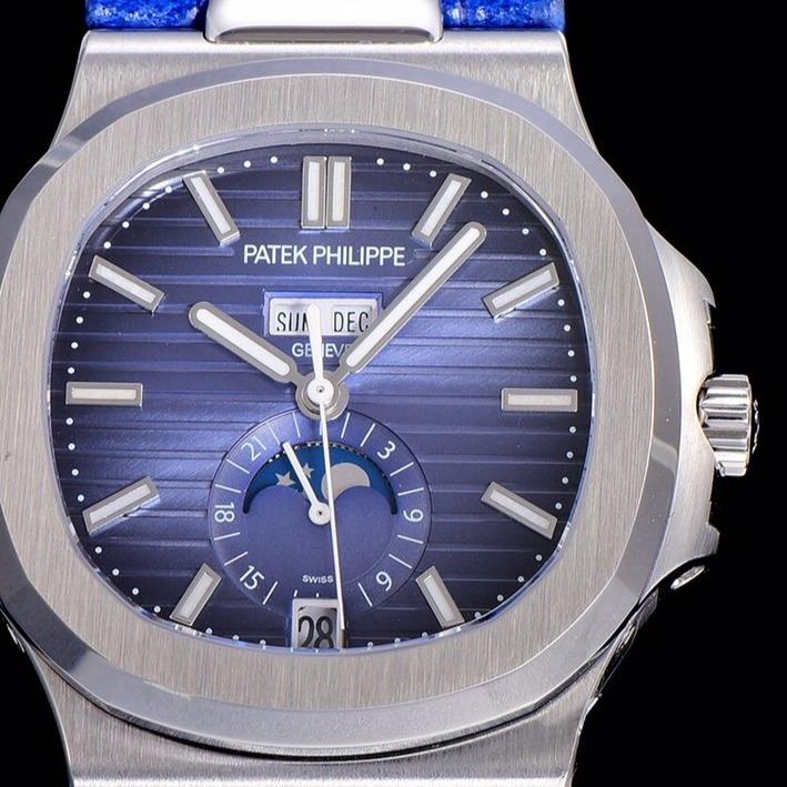PATEK NAUTILUS MOONPHASE ANNUAL CALENDAR BLUE DIAL LEATHER