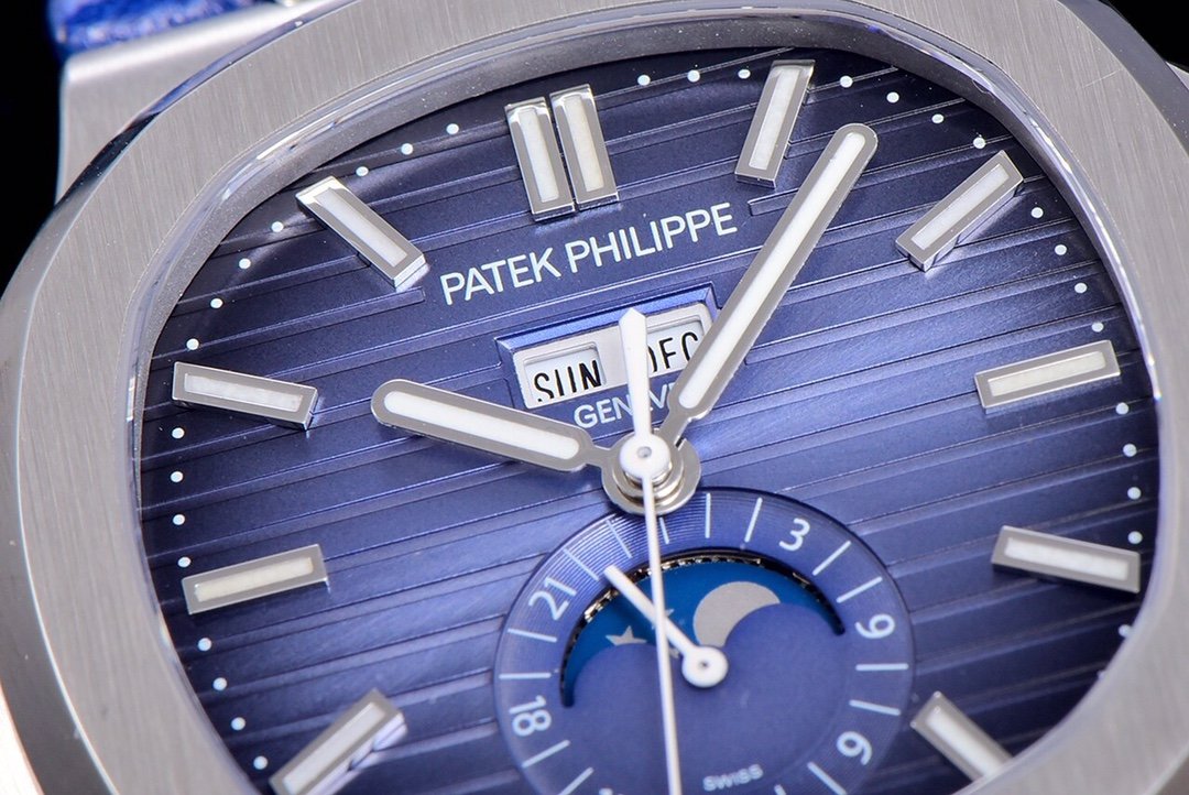 PATEK NAUTILUS MOONPHASE ANNUAL CALENDAR BLUE DIAL LEATHER