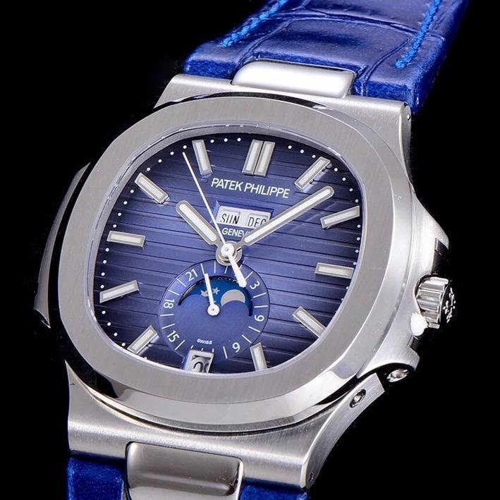 PATEK NAUTILUS MOONPHASE ANNUAL CALENDAR BLUE DIAL LEATHER