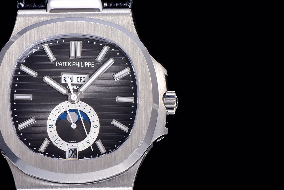 PATEK NAUTILUS MOONPHASE ANNUAL CALENDAR BLACK DIAL LEATHER