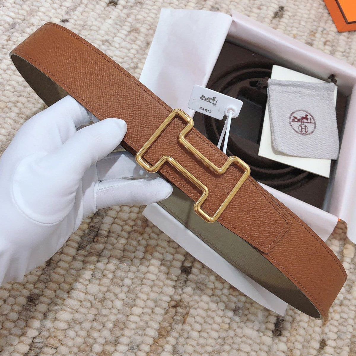 H TONIGHT BELT 38MM BROWN GREEN GREY LEATHER