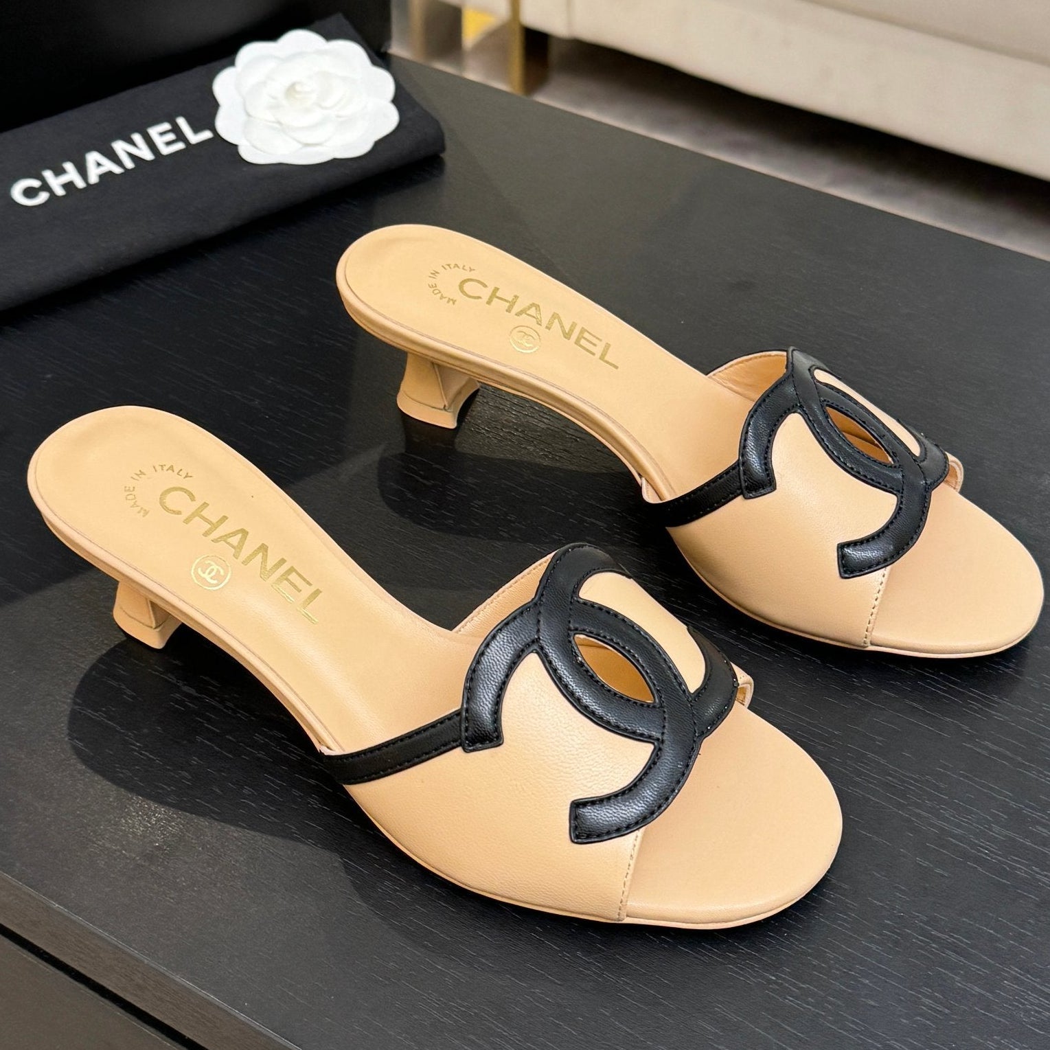 Chanel 2026 Heeled Sandal Beige Black Lambskin