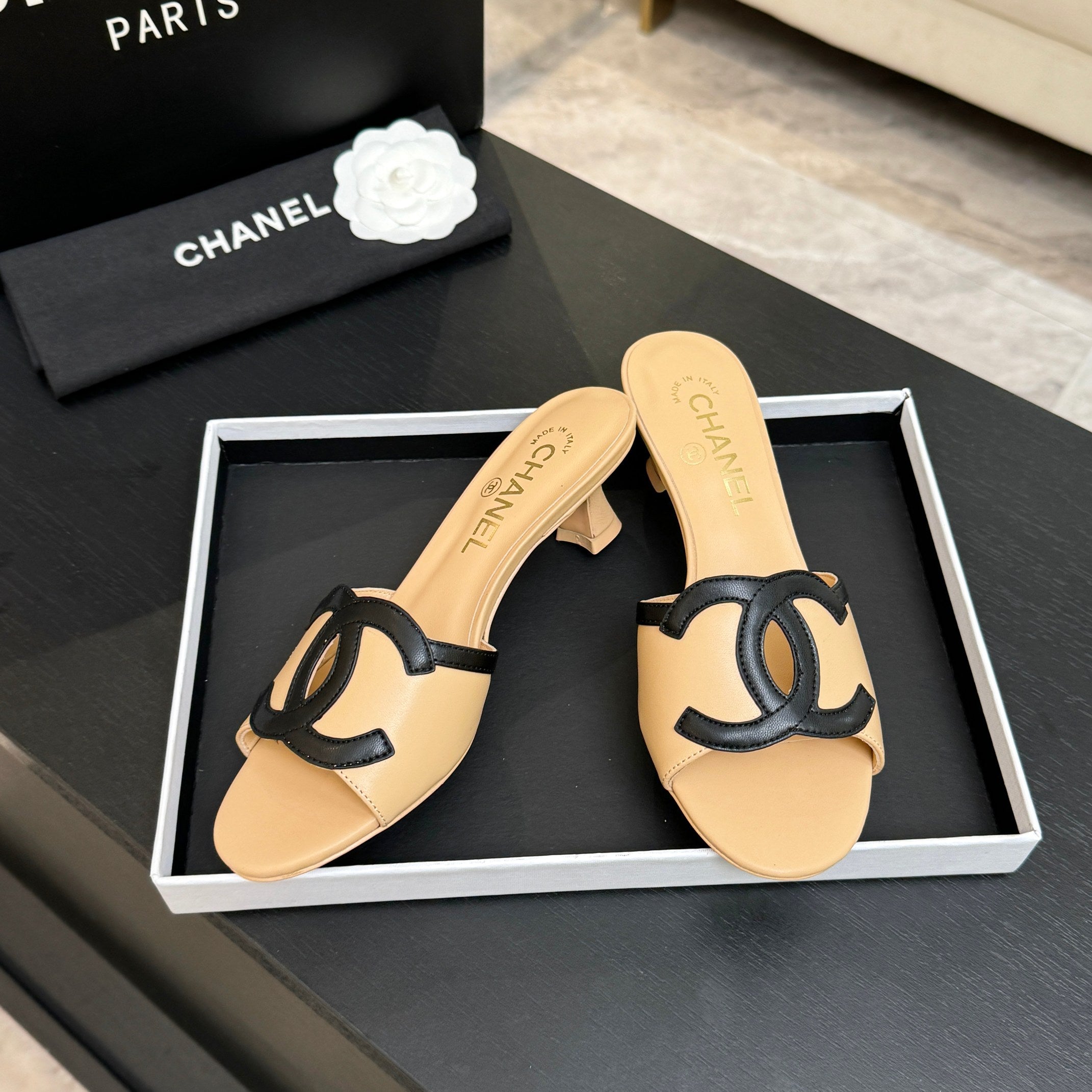 Chanel 2026 Heeled Sandal Beige Black Lambskin
