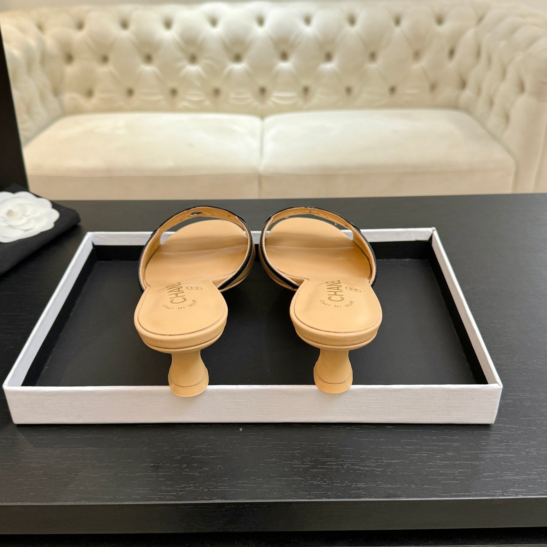 Chanel 2026 Heeled Sandal Beige Black Lambskin