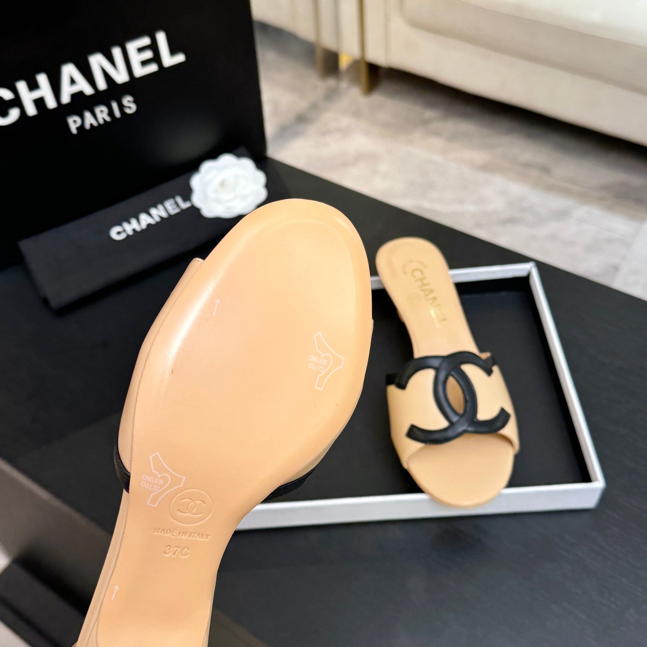 Chanel 2026 Heeled Sandal Beige Black Lambskin