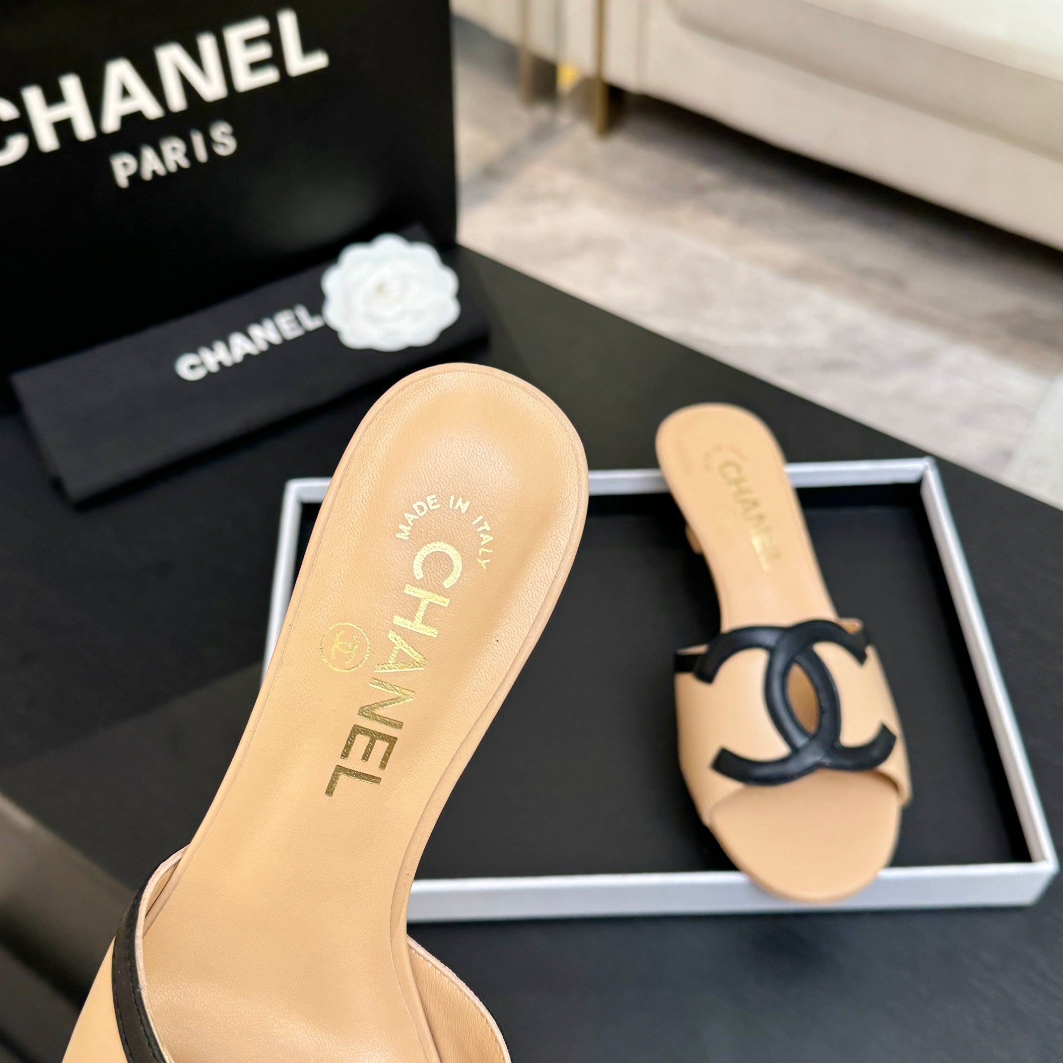 Chanel 2026 Heeled Sandal Beige Black Lambskin