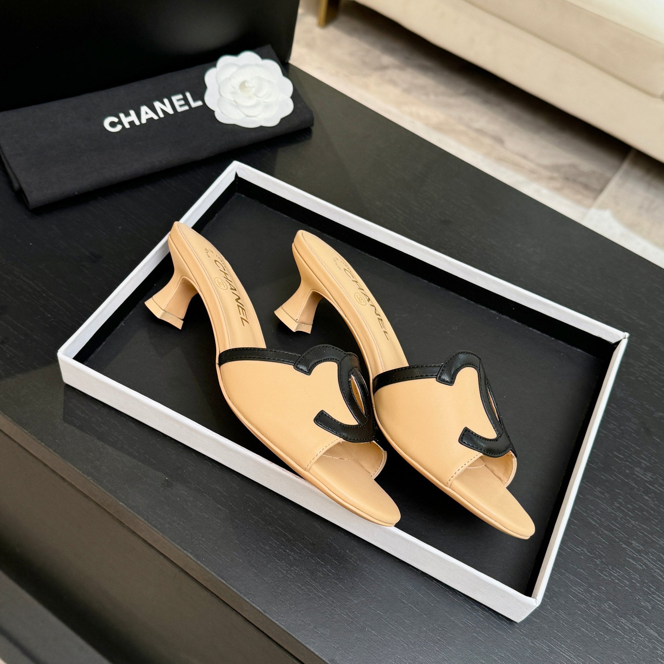 Chanel 2026 Heeled Sandal Beige Black Lambskin