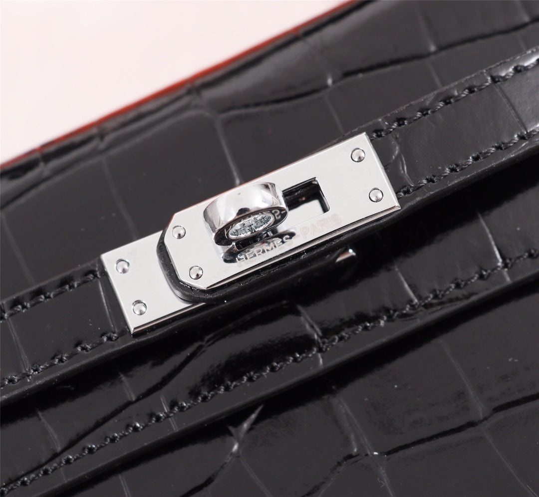 HM KELLY MINI 19.5 BLACK CROCODILE EMBOSSED CALFSKIN SILVER HARDWARE