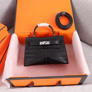 HM KELLY MINI 19.5 BLACK CROCODILE EMBOSSED CALFSKIN SILVER HARDWARE