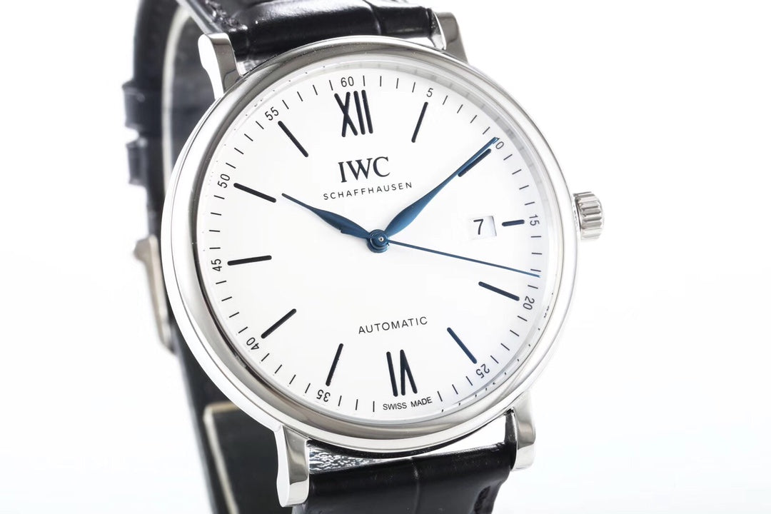 IWC Portofino 40mm White Dial Blue Numerals Black Leather