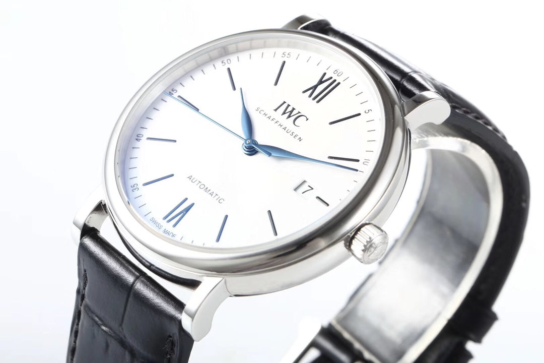 IWC Portofino 40mm White Dial Blue Numerals Black Leather