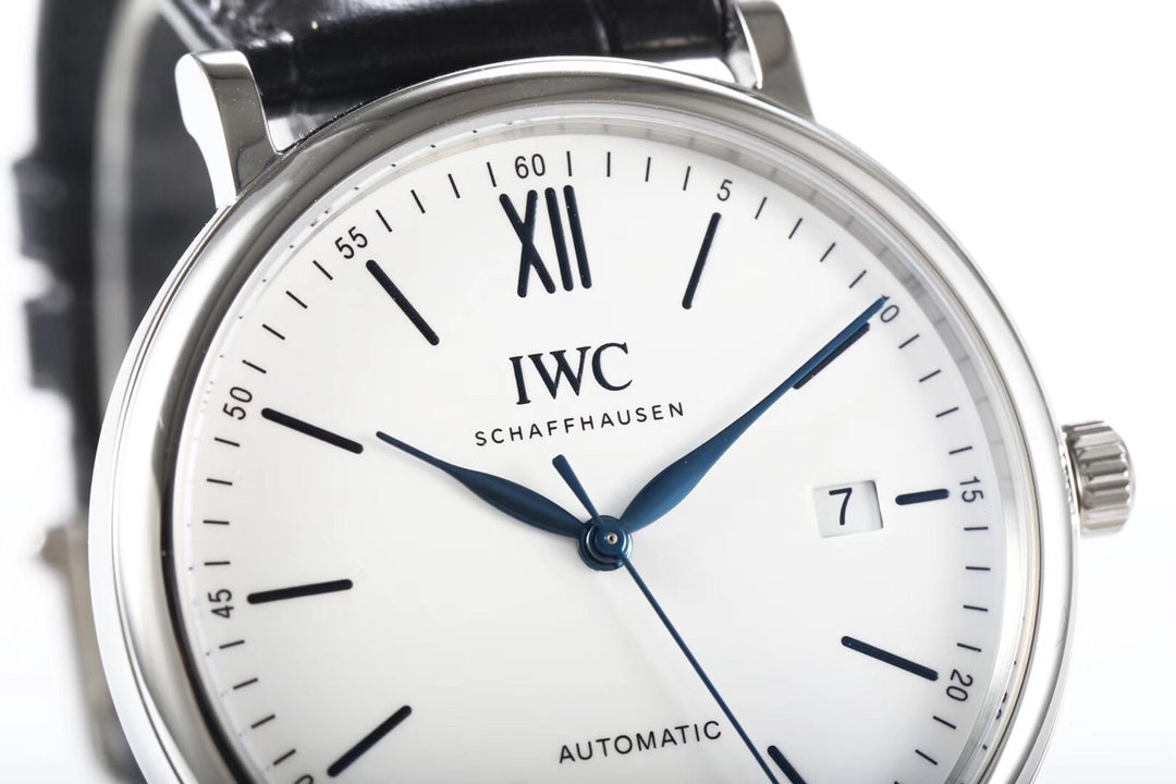 IWC Portofino 40mm White Dial Blue Numerals Black Leather