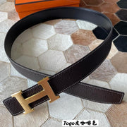 HM CONSTANCE BELT BUCKLE & REVERSIBLE CHOCOLATE BROWN LEATHER STRAP 38MM GOLD HARDWARE