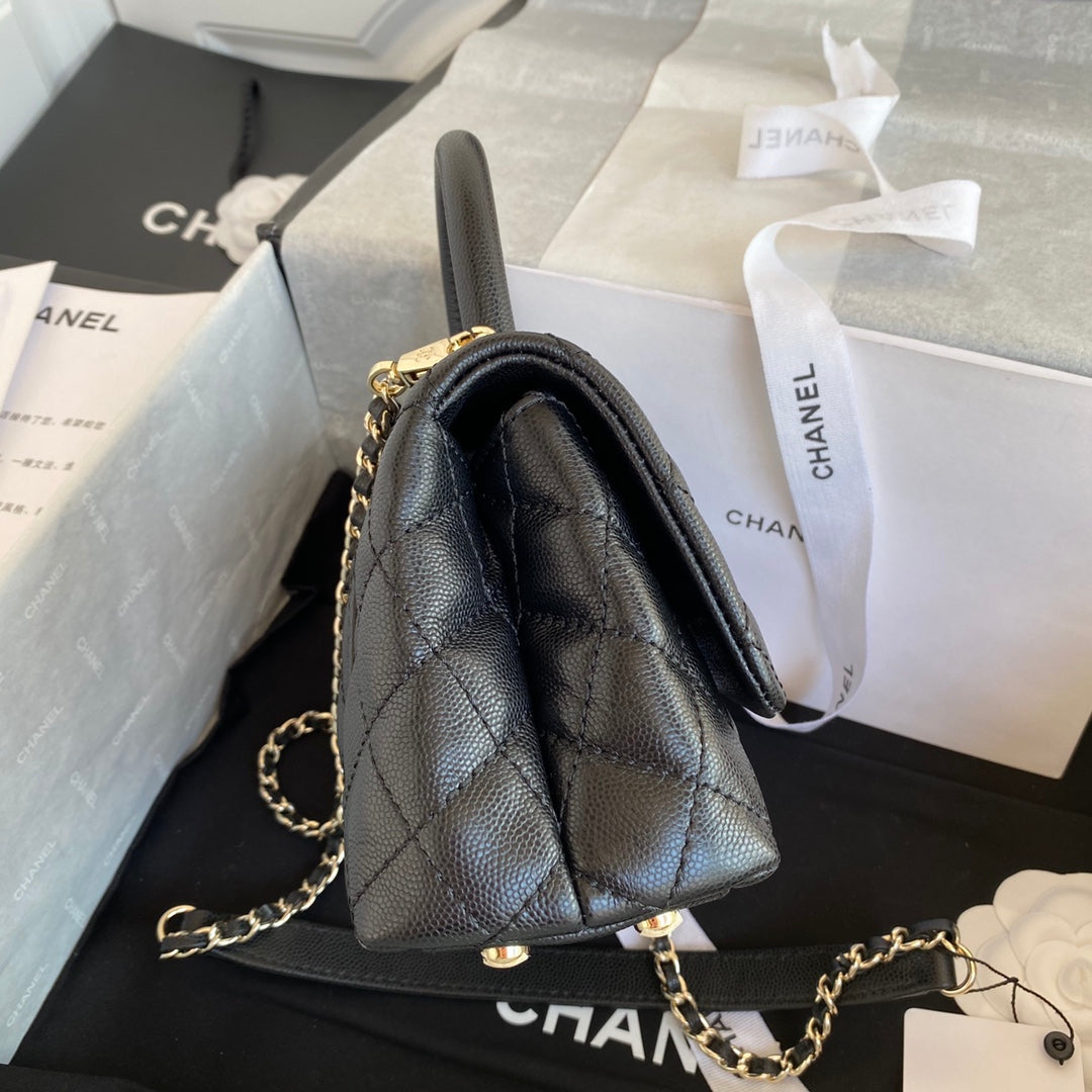 CC 24K Coco Hanle Mini 19cm Black Grained Calfskin Gold Hardware