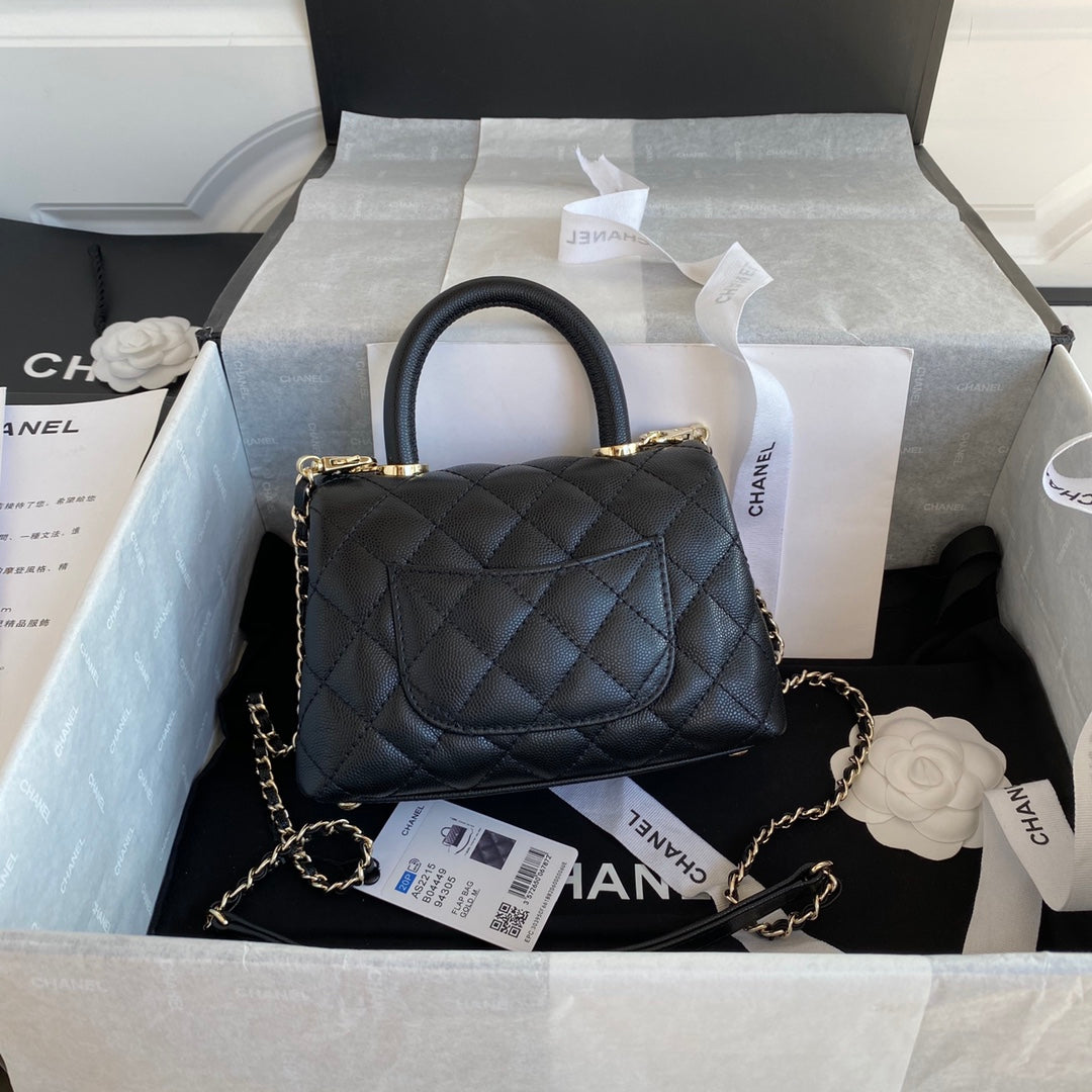 CC 24K Coco Hanle Mini 19cm Black Grained Calfskin Gold Hardware