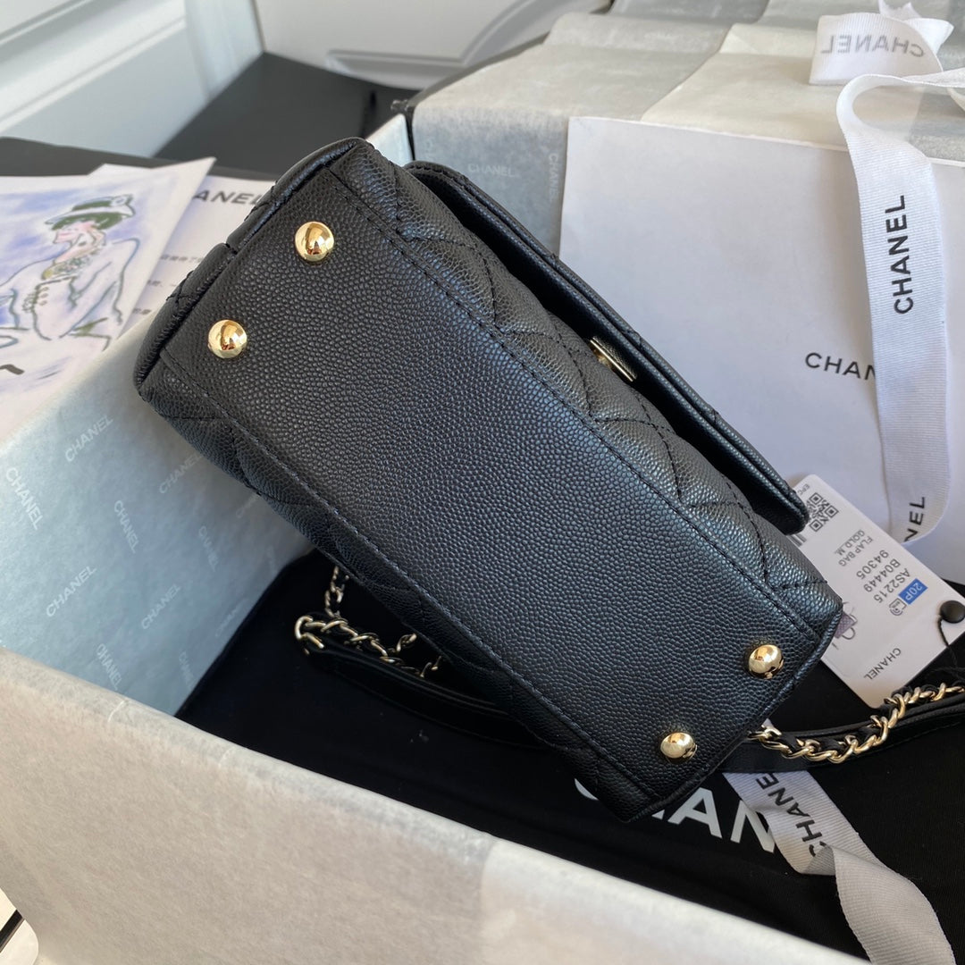 CC 24K Coco Hanle Mini 19cm Black Grained Calfskin Gold Hardware