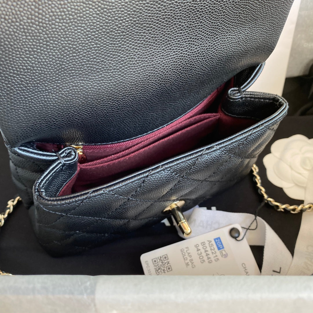 CC 24K Coco Hanle Mini 19cm Black Grained Calfskin Gold Hardware