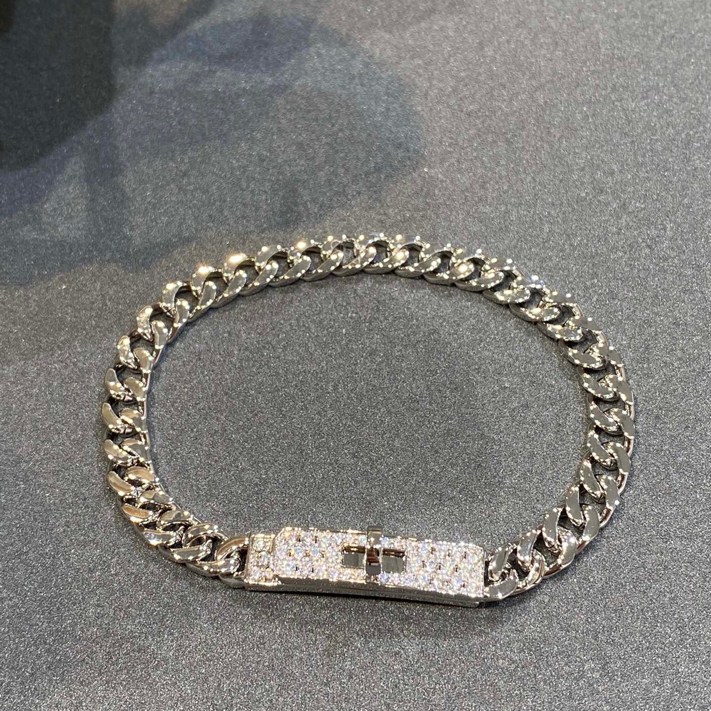 H Kelly Gourmette Sliver Diamond Bracelet