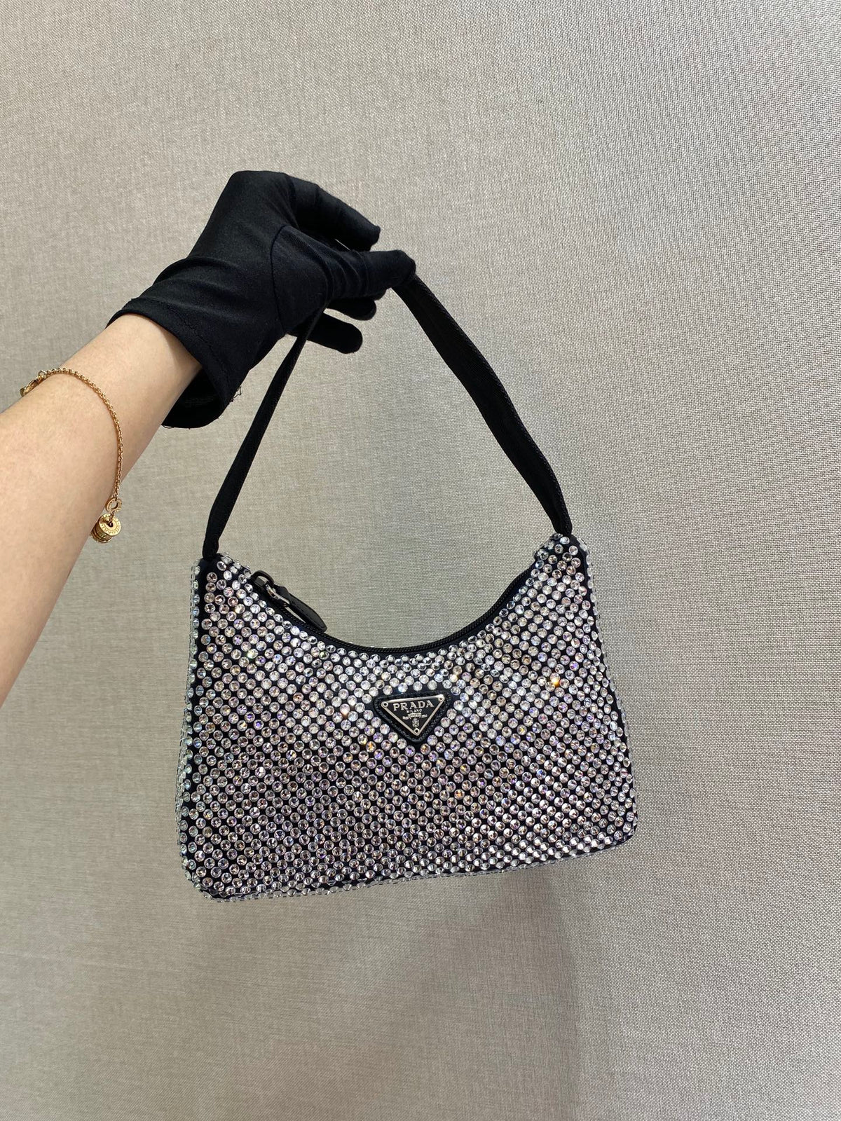 SPARKLING HOBO BAG 23 IN BLACK NYLON ATTACHED FULLY CRYSTALS