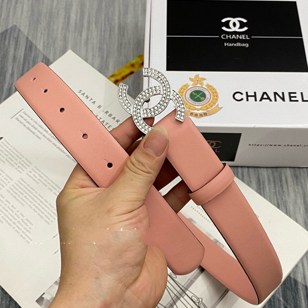 CC Women's Belt 3.0CM Pink Cowhide Sliver Diamond Buckle 586516