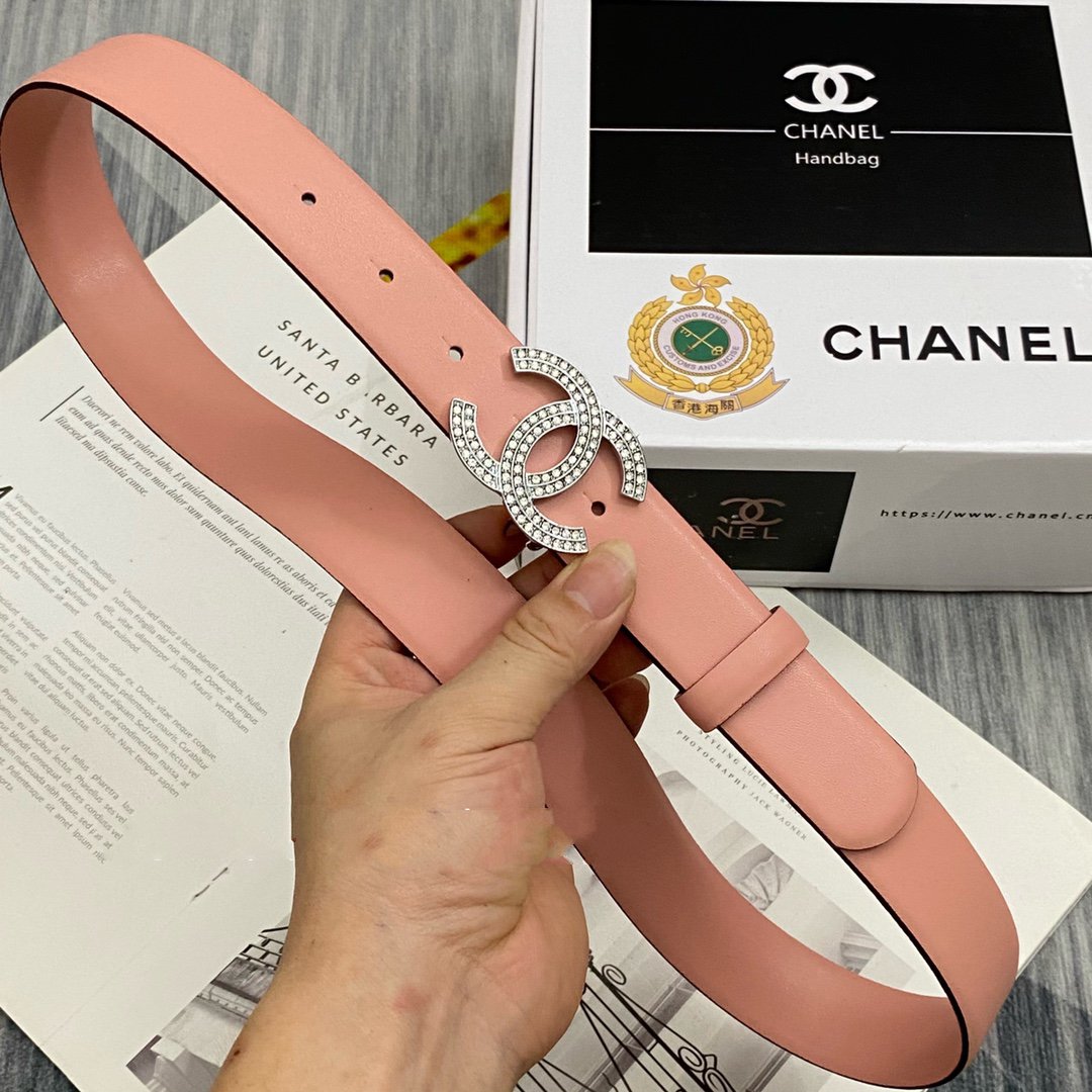 CC Women's Belt 3.0CM Pink Cowhide Sliver Diamond Buckle 586516