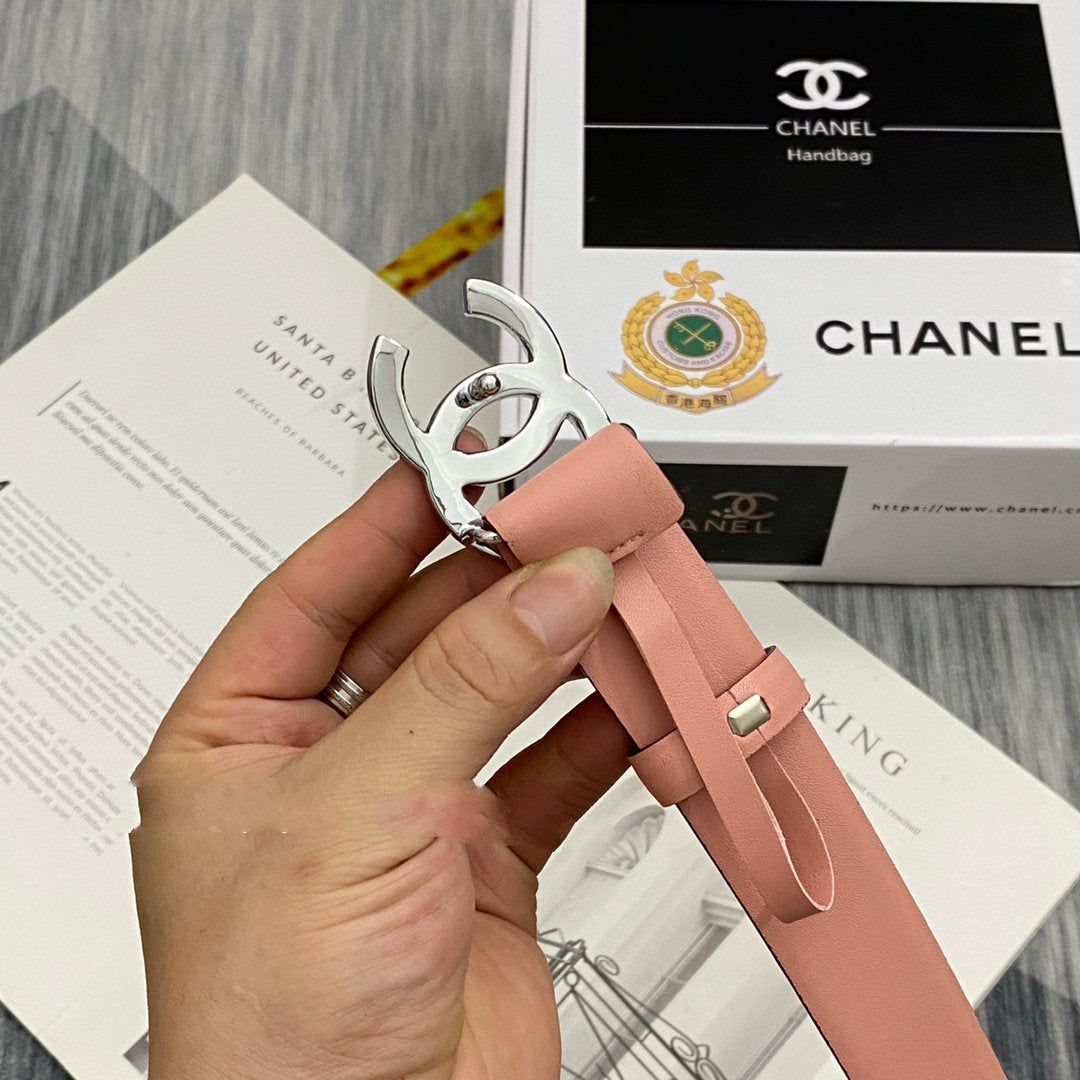 CC Women's Belt 3.0CM Pink Cowhide Sliver Diamond Buckle 586516