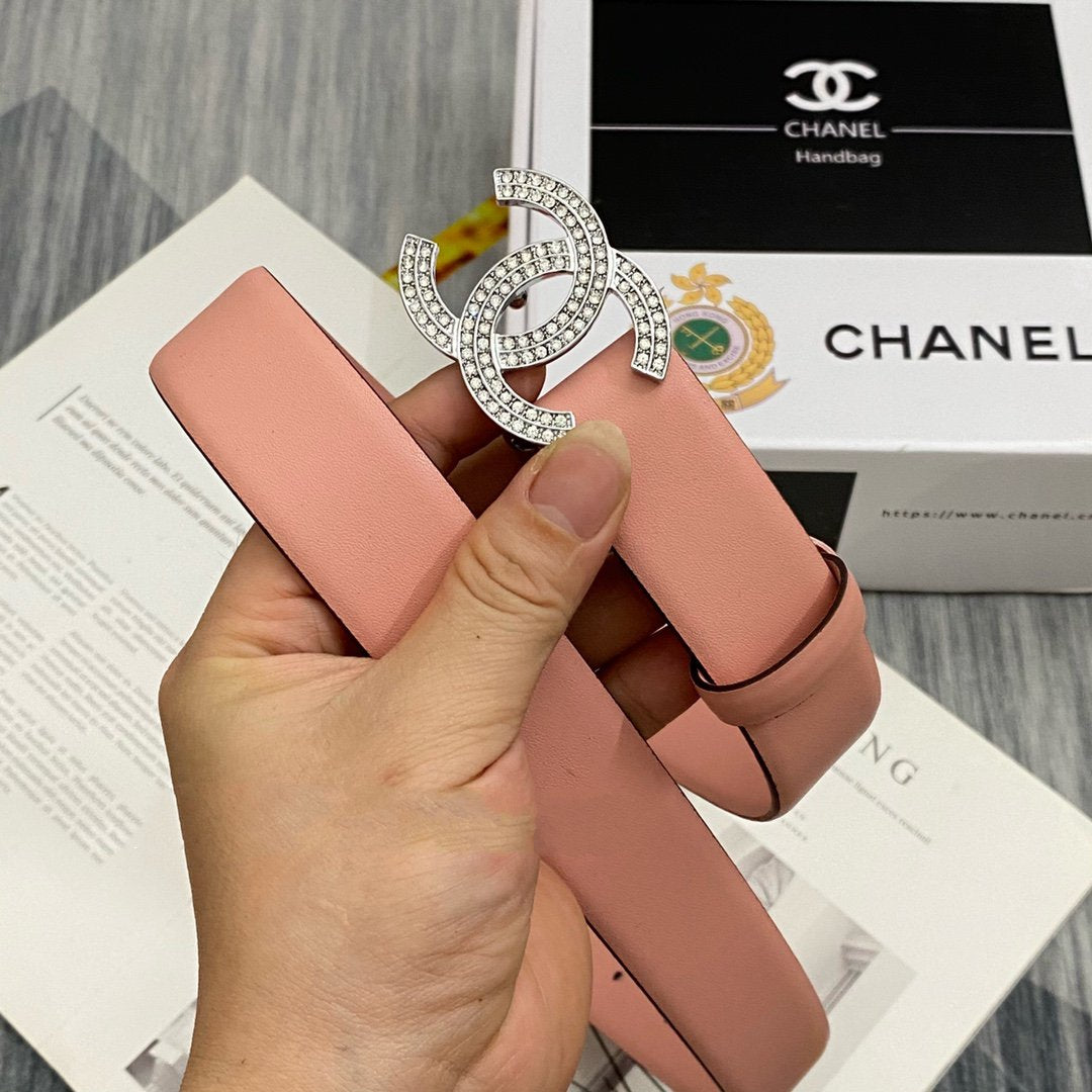 CC Women's Belt 3.0CM Pink Cowhide Sliver Diamond Buckle 586516