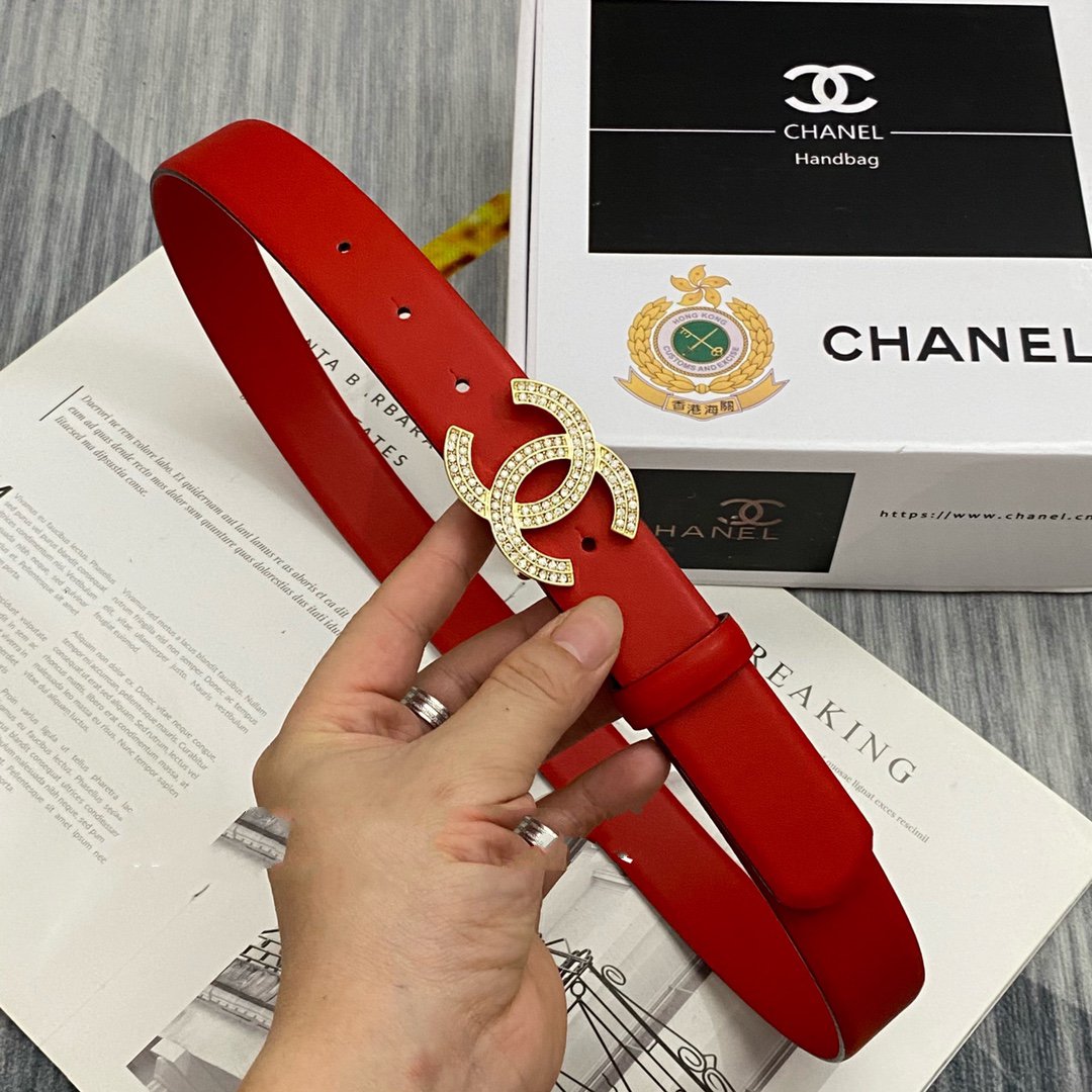 CC Women's Belt 3.0CM Red Cowhide Gold Diamond Buckle 586517