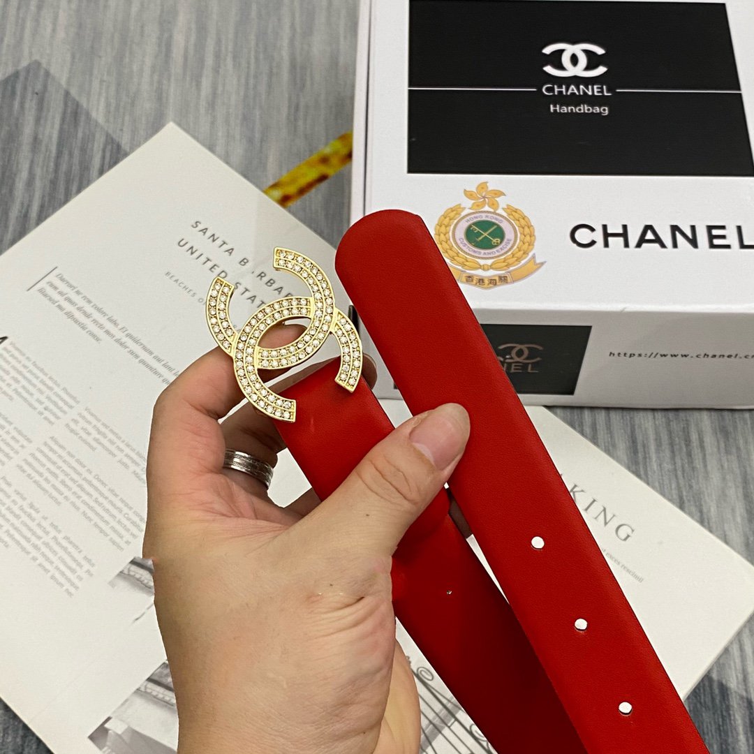 CC Women's Belt 3.0CM Red Cowhide Gold Diamond Buckle 586517