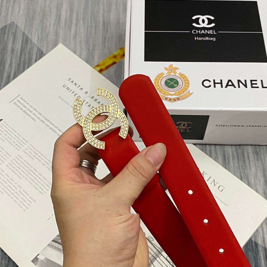 CC Women's Belt 3.0CM Red Cowhide Gold Buckle 586517