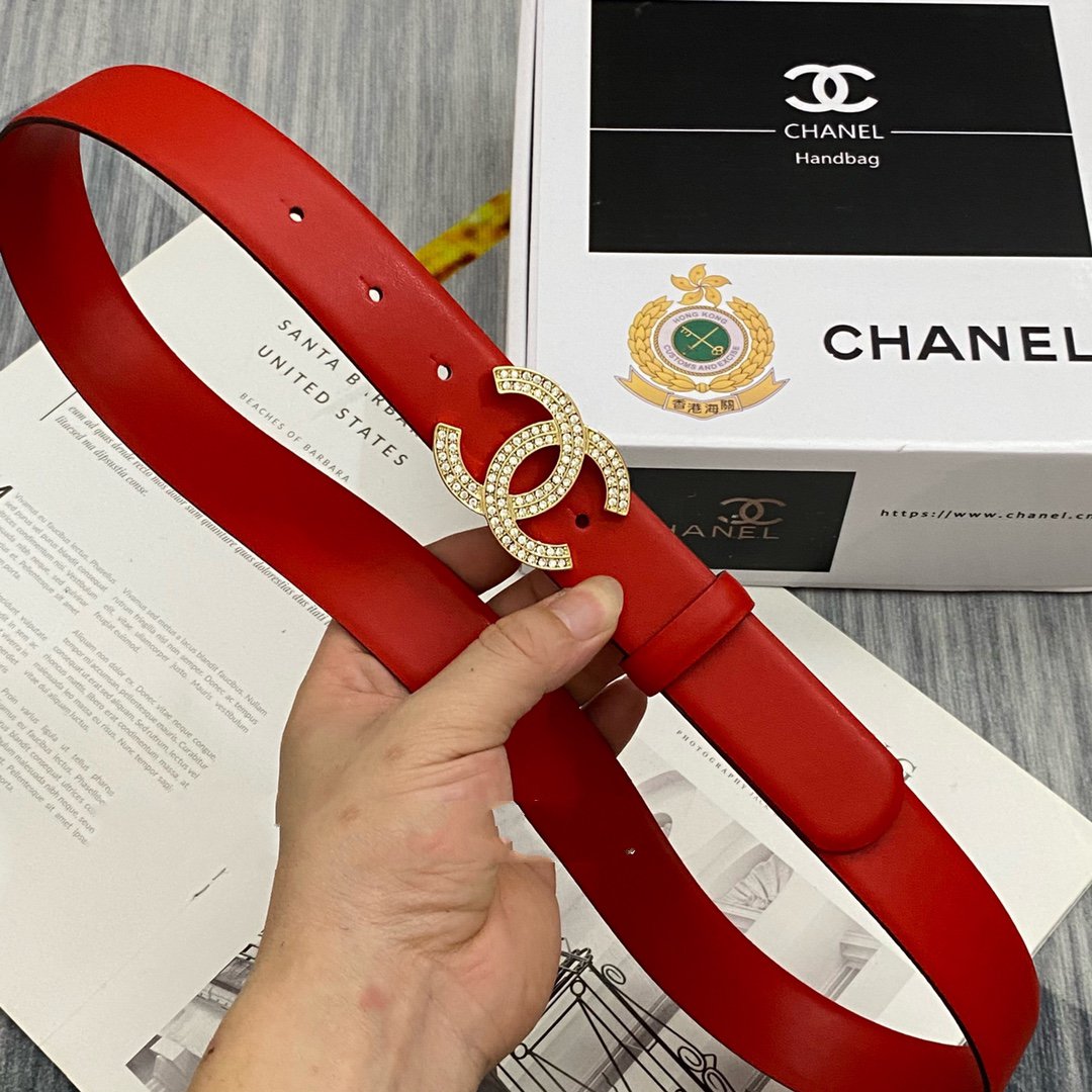 CC Women's Belt 3.0CM Red Cowhide Gold Diamond Buckle 586517