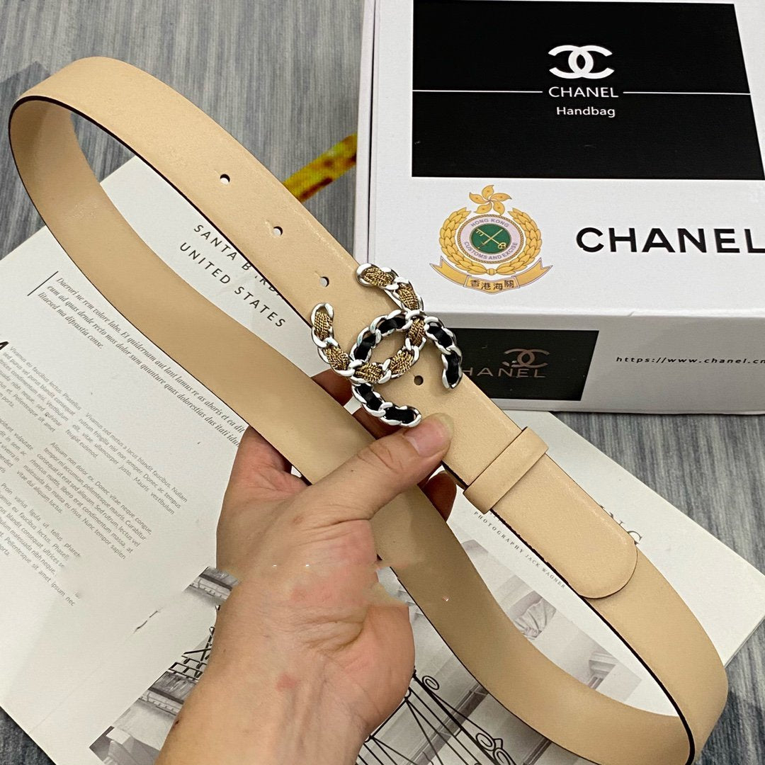 CC Women's Belt 3.0CM Beige Cowhide Gold Sliver Black Buckle 586518