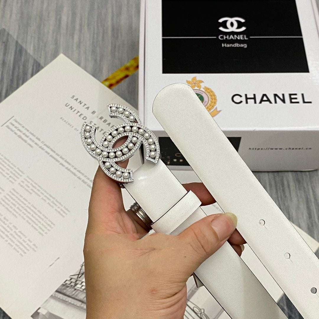 CC Women's Belt 3.0CM White Cowhide Sliver Pearl Buckle 586520