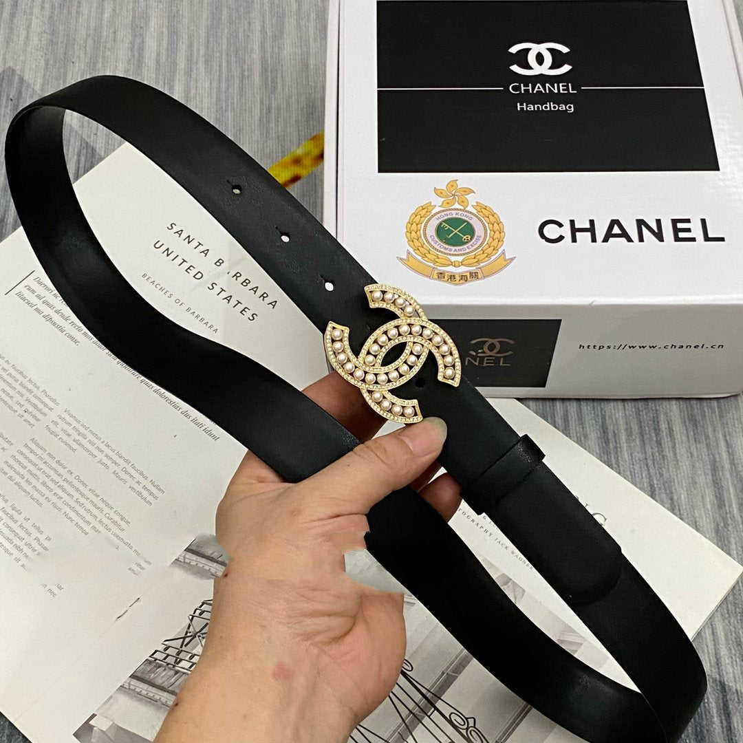 CC Women's Belt 3.0CM Black Cowhide Gold Pearl Buckle 586521