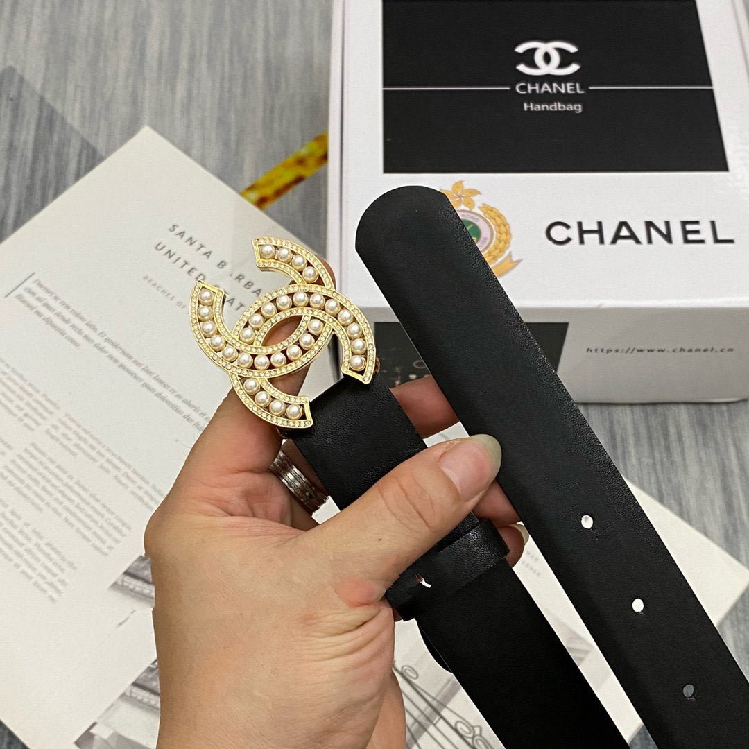 CC Women's Belt 3.0CM Black Cowhide Gold Pearl Buckle 586521