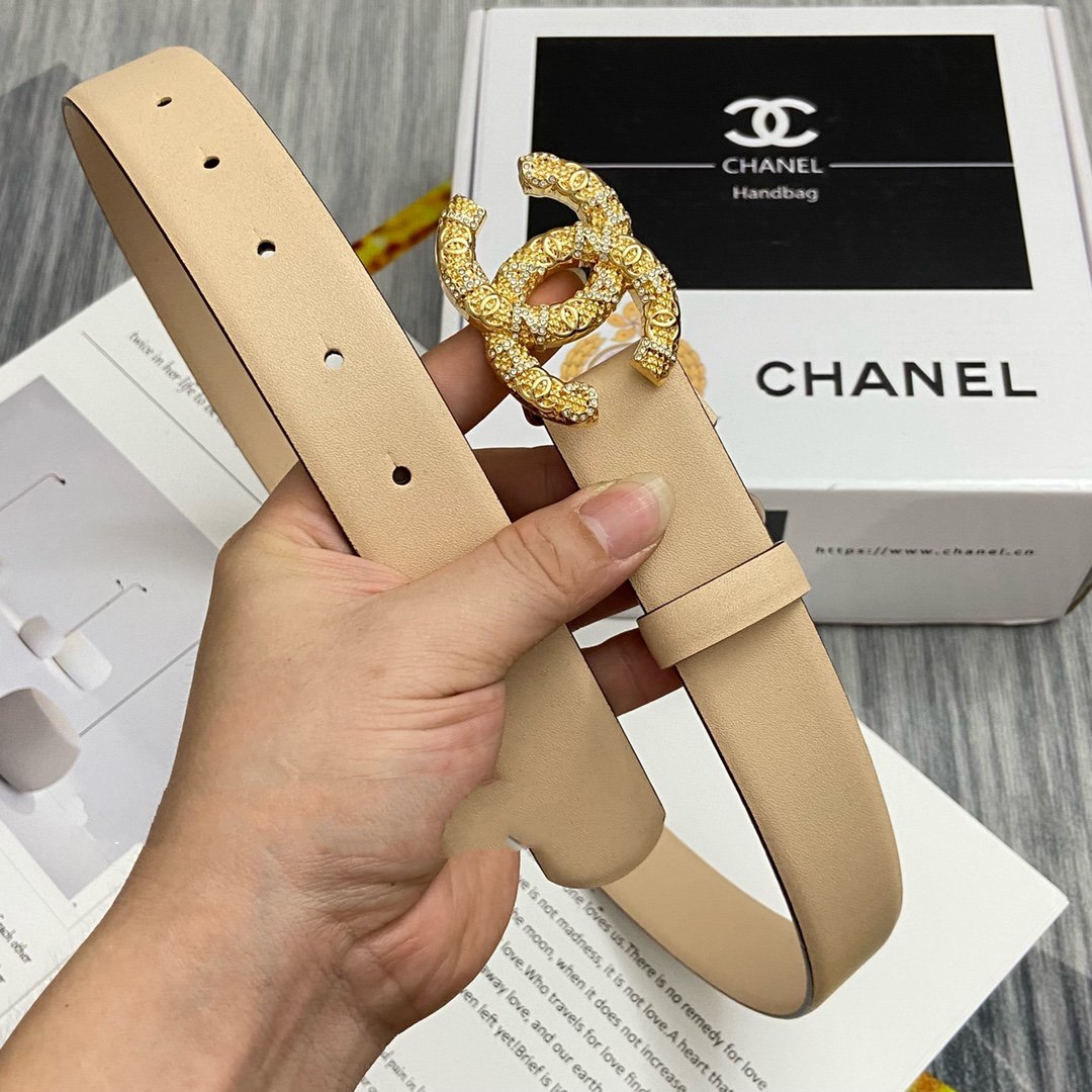 CC Women's Belt 3.0CM Beige Cowhide Gold Buckle 586526