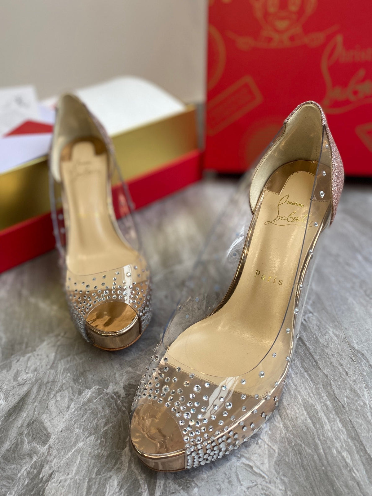 CL Very Strass Peep Toe Pumps 100mm PVC and Glitter Gold