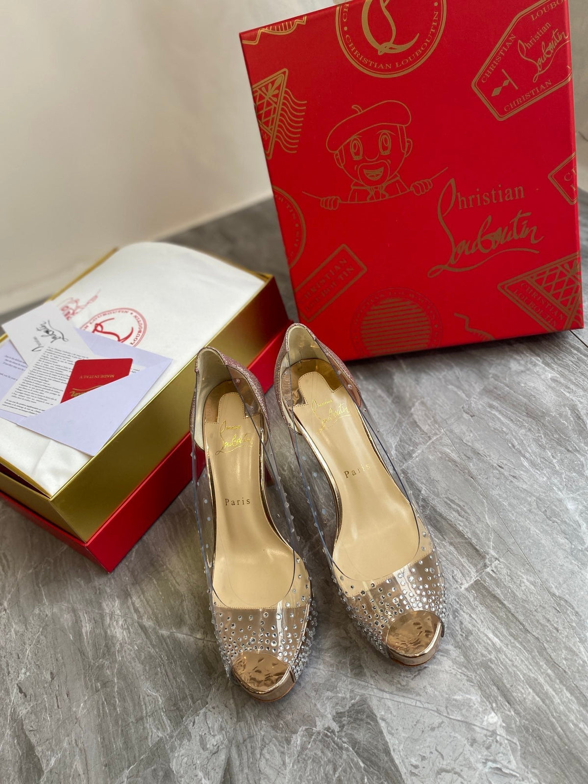 CL Very Strass Peep Toe Pumps 100mm PVC and Glitter Gold