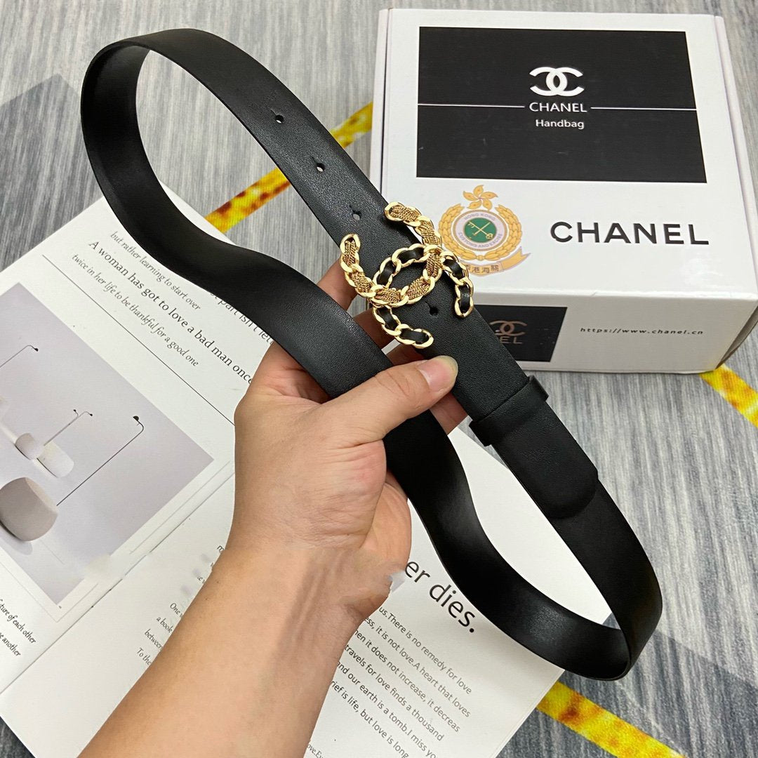CC Women's Belt 3.0CM Black Cowhide Black Gold Buckle 586511