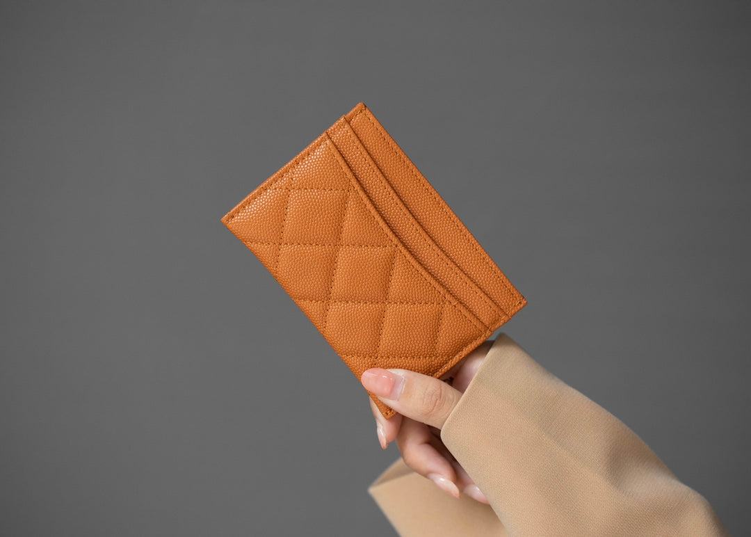 CC CARD HOLDER 11 ORANGE GRAINED CALFSKIN SILVER ICON