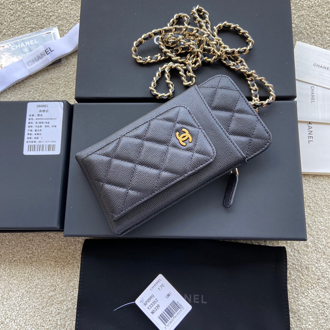 Chanel 2026 Phone Holder Crossbody Bag Black Caviar Leather