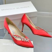 Manolo Wheat Ear Rhinestone High Heels Pumps Red Silk Fabric 327448