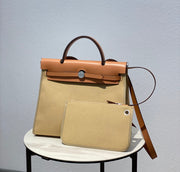 Herbag 31 Toile Beige Canvas Gold Cowhide Leather