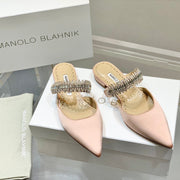 Manolo Flats Mules Diamond Buckle Pink Nude Silk Satin 327488