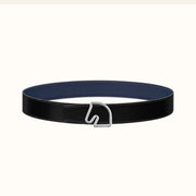 BOUCLE BELT BUCKLE & REVERSIBLE NAVY BLUE AND BLACK AND WHITE LEATHER STRAP 38MM SILVER HARDWARE